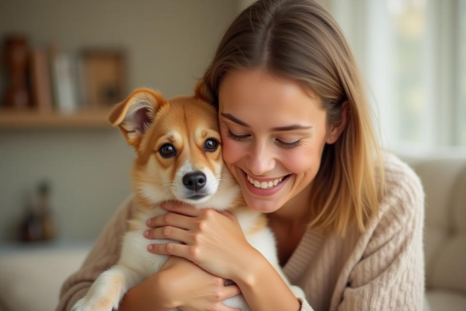 Happy pet parent cuddling a dog
